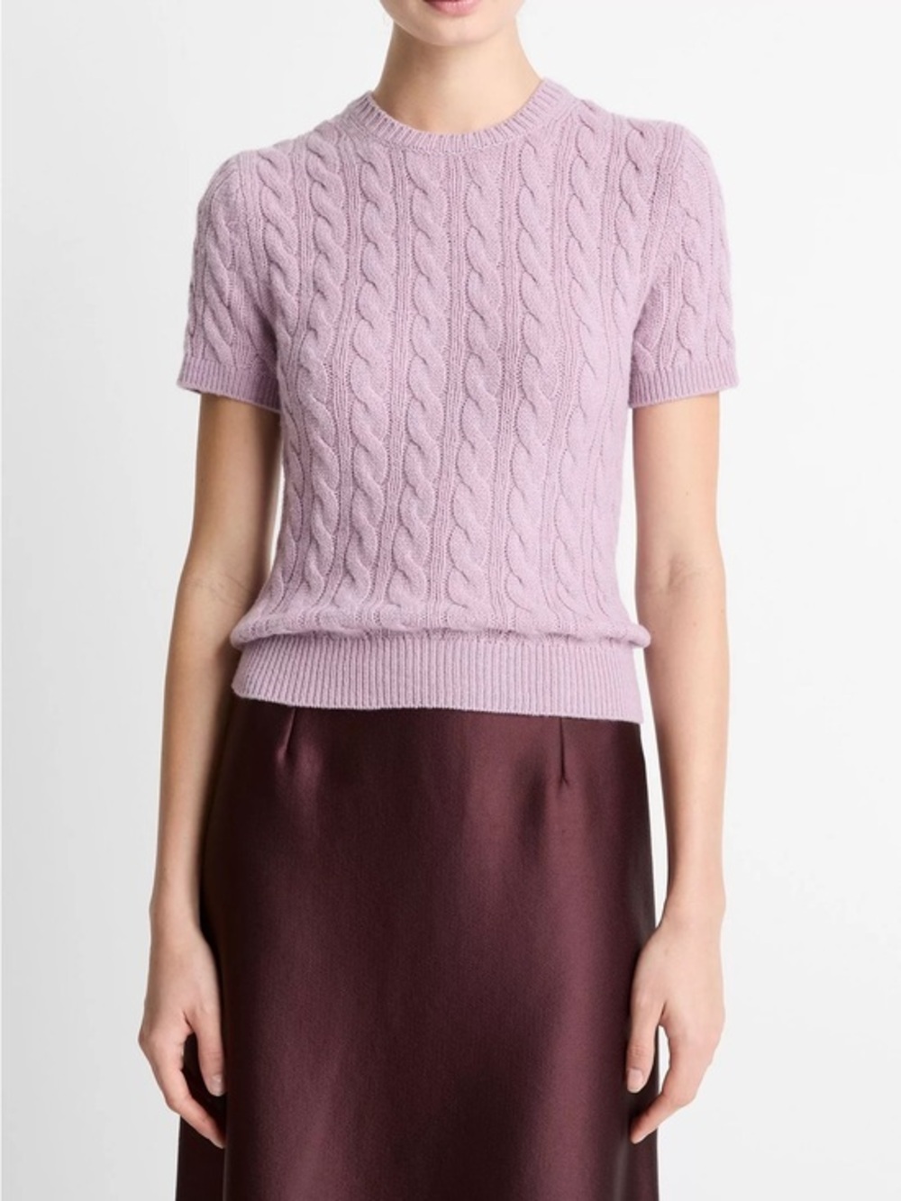 NWT Vince Cable-Knit Wool & Cashmere-Blend Short-Sleeve Sweater Small Purple